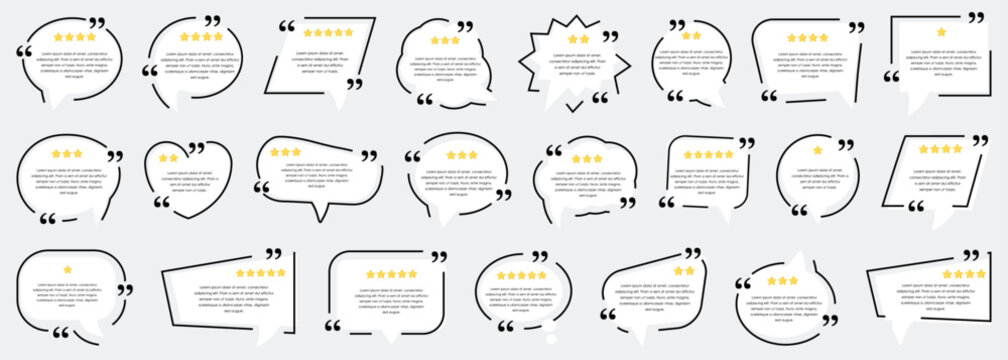 Quote speech bubbles set with rating stars. Review frames for testimonials feedback and customer opinions