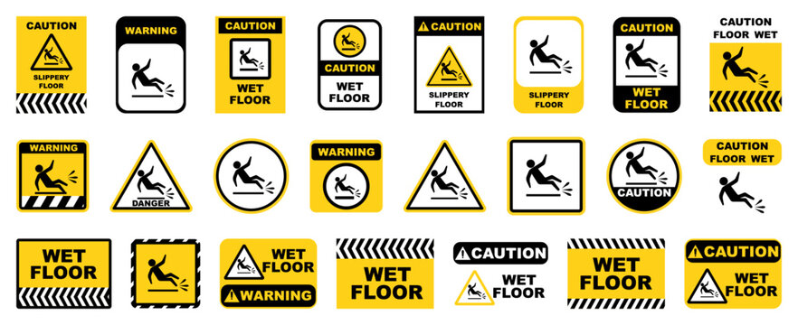 Wet floor warning signs with slipping person symbols. Safety caution graphics for slippery surfaces in public spaces
