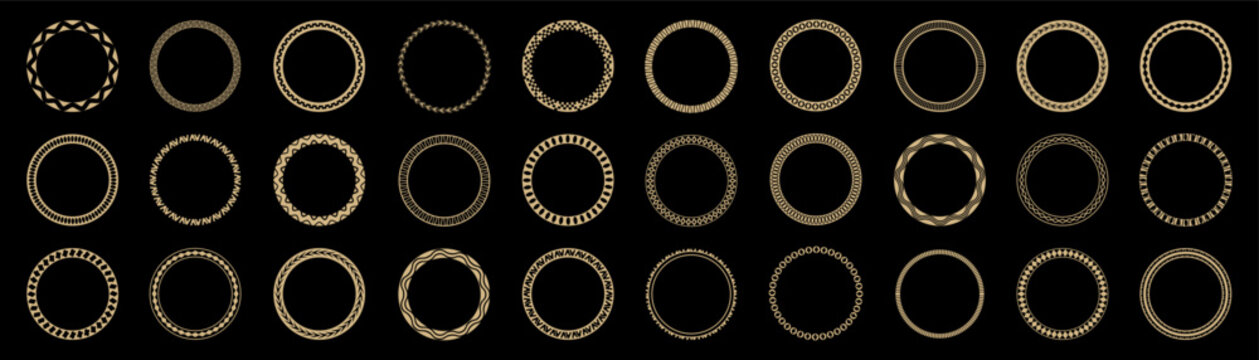 Ornamental circular frames set with luxury decorative patterns. Elegant golden rings for labels badges