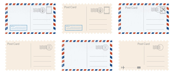 Vintage postcard back templates with airmail borders and stamps. Classic mail layouts for travel greeting and correspondence