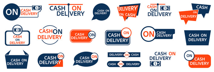 Cash on delivery labels collection with payment icons. E commerce shipping tags for order and courier services