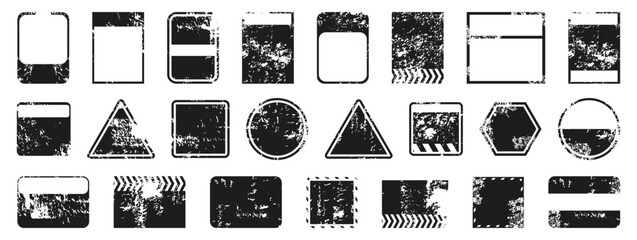 Grunge geometric frames set with distressed textures. Rough shapes for posters labels and urban graphic