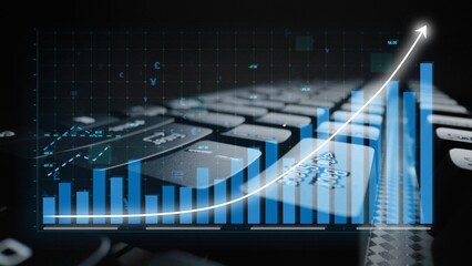 Close-up view of a keyboard with an upward trending graph overlay, symbolizing technological advancement, business growth, and data analysis in a modern workspace. Copula