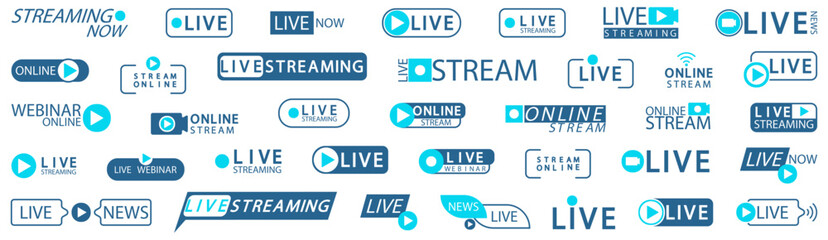 Live streaming and webinar badges set. Online broadcast labels for video media platforms