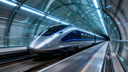 Silver and blue futuristic high-speed passenger train traveling quickly inside a brightly illuminated glass tunnel displaying extreme motion blur.