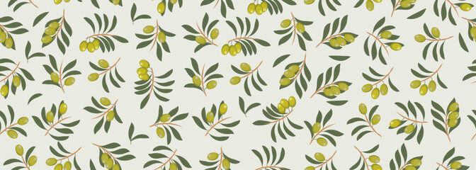 Seamless olive branch pattern with green olives and leaves. Natural Mediterranean botanical background © top dog