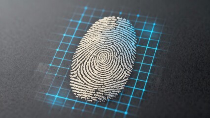 Digital scanning of a human fingerprint pattern illuminated by a blue glowing grid for biometric identification.