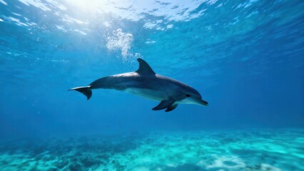 Bottlenose dolphin swimming gracefully through deep blue ocean water, releasing a stream of air bubbles toward the bright sun surface.