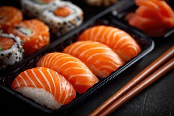 Freshly prepared sushi served with chopsticks, showcasing colorful salmon nigiri and rolls in a takeout container