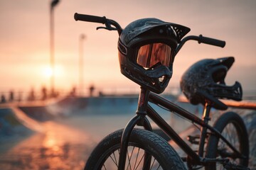 Obraz premium Sunset BMX session with black bicycle and helmets at the skatepark