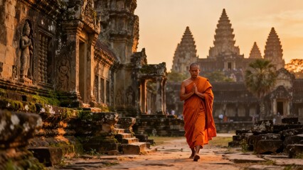 Naklejka premium Buddhist monk in bright orange robes walks through ancient carved stone temple ruins during golden hour sunset light.
