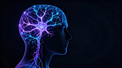 Conceptual illustration showing an active, neon blue and violet nerve cell network within a translucent human head silhouette.