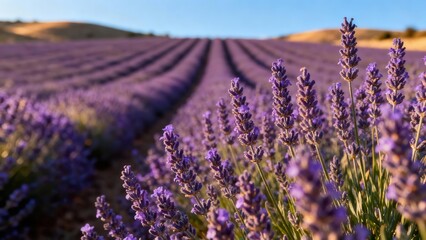 Obraz premium Vibrant purple Lavandula flowers blooming in long organized agricultural rows extending toward distant golden hills under clear blue sky.