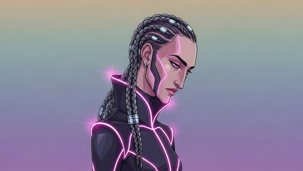Cybernetic warrior with braided hair