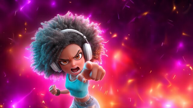 Energiegeladene 3D Charakter-Figur mit Afro-Frisur und leuchtenden Effekten