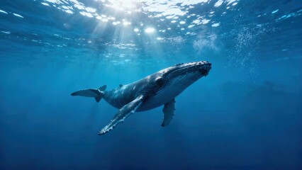 Fototapeta premium Massive Humpback whale gracefully swimming below the water surface with strong sunbeams shining down into the deep blue sea.