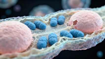 Pathogenic blue bacteria organisms interacting with large spherical pink cells inside a detailed biological tissue matrix.