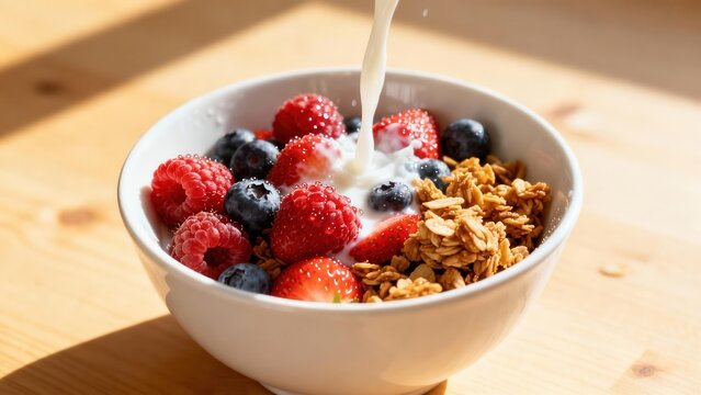 Creamy milk pours over a white bowl filled with crispy golden granola, sweet red raspberries, fresh strawberries, and dark blueberries resting on a wood table. - Powered by Adobe
