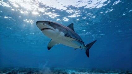 Fototapeta premium Massive Great White Shark swimming in deep blue ocean water illuminated by dramatic sun rays from the surface.