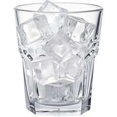 Clear glass tumbler filled with ice cubes on black background