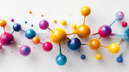 Colorful abstract molecular structure with connected spheres and lines on white background, creative science concept design.