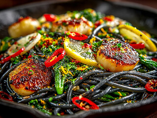 a dish with black pasta, sea scallops, broccoli rabe, lemon slices, and red chili peppers garnished with herbs and a sprinkle of grated lemon zest.
