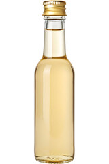 Small glass bottle of clear liquid with gold cap on black background