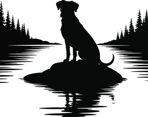 Dog Sitting on Lake Rock