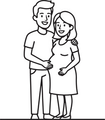 Fototapeta premium Bold line drawing of standing man with pregnant woman family parenthood concept