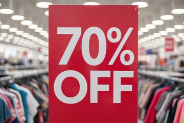 Bold red promotional sign with 70 percent off in a clothing store discount sale