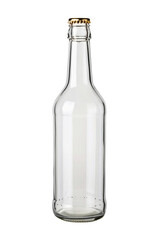 Empty glass bottle with gold cap on black background