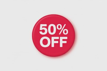 Bright red circular button with 50 percent off text in white