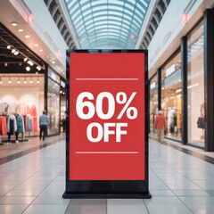 Prominent red sale sign displaying 60 percent off in a shopping mall discount red sign