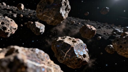 Numerous brown space asteroids floating through a dense rocky field under dramatic cosmic lighting in deep black space.