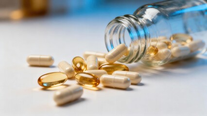 Beige medicinal capsules and amber oil softgels spilling from an overturned clear glass vitamin bottle onto a bright white surface.