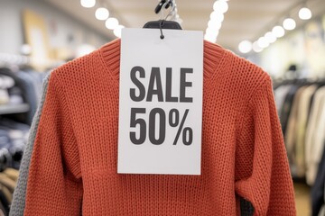 Red knitted sweater on hanger with sale tag in clothing store 50 percent