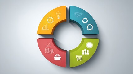 Colorful circular infographic with four segments and business icons on light background representing idea, gear, shopping, and people concepts.