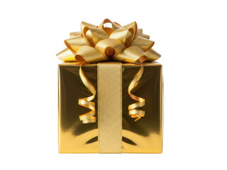 Elegant golden gift box with bow isolated on transparent background