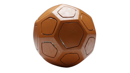 Orange 3d rendered dodecahedron sphere with hexagonal patterns and worn texture isolated on white background