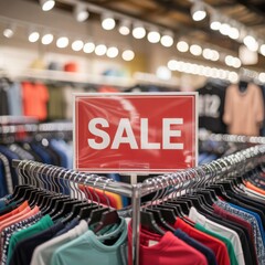 Red sale sign prominently displayed in a clothing store with hanging shirts white