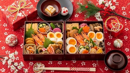 Delicious japanese bento box with seafood and boiled eggs