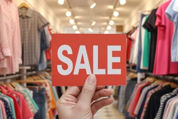 A hand holding a red sale sign in a clothing store with various garments on racks
