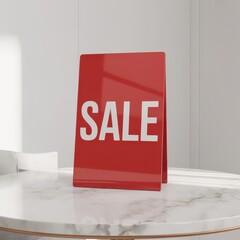 A sleek red sale sign displaying sale on a white marble table