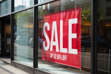 A vibrant red rectangular sale sign on a store window with up to 50 percent off white