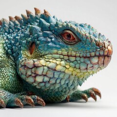 Obraz premium Detailed Portrait of a Blue Spiny Lizard with Brown Claws on White Background - Exotic Pet Reptile Close-Up Macro Shot.