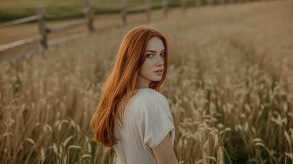 Young Woman with Long Red Hair Standing in a Wheat Field at Sunset.