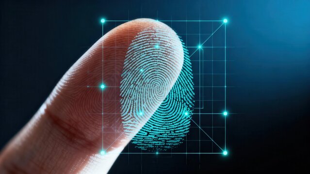 Human index finger being authenticated by a high-tech biometric scanner displaying a glowing blue digital fingerprint map. - Powered by Adobe