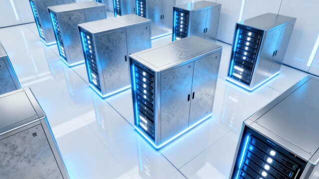 Rows of metallic silver server racks glowing with neon blue light inside a highly reflective white data center room. - Powered by Adobe