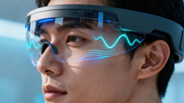 East Asian male wearing black futuristic augmented reality visor displaying glowing cyan digital sine waves over his eye. - Powered by Adobe