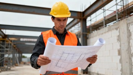 Male construction worker in a yellow hard hat concentrates on reviewing detailed architectural blueprints at an active building project.